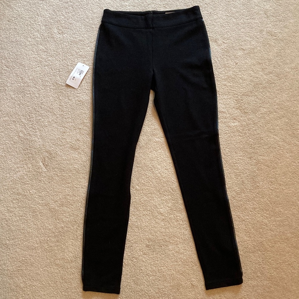Tart black ponte pant with faux leather side pinstripe size S